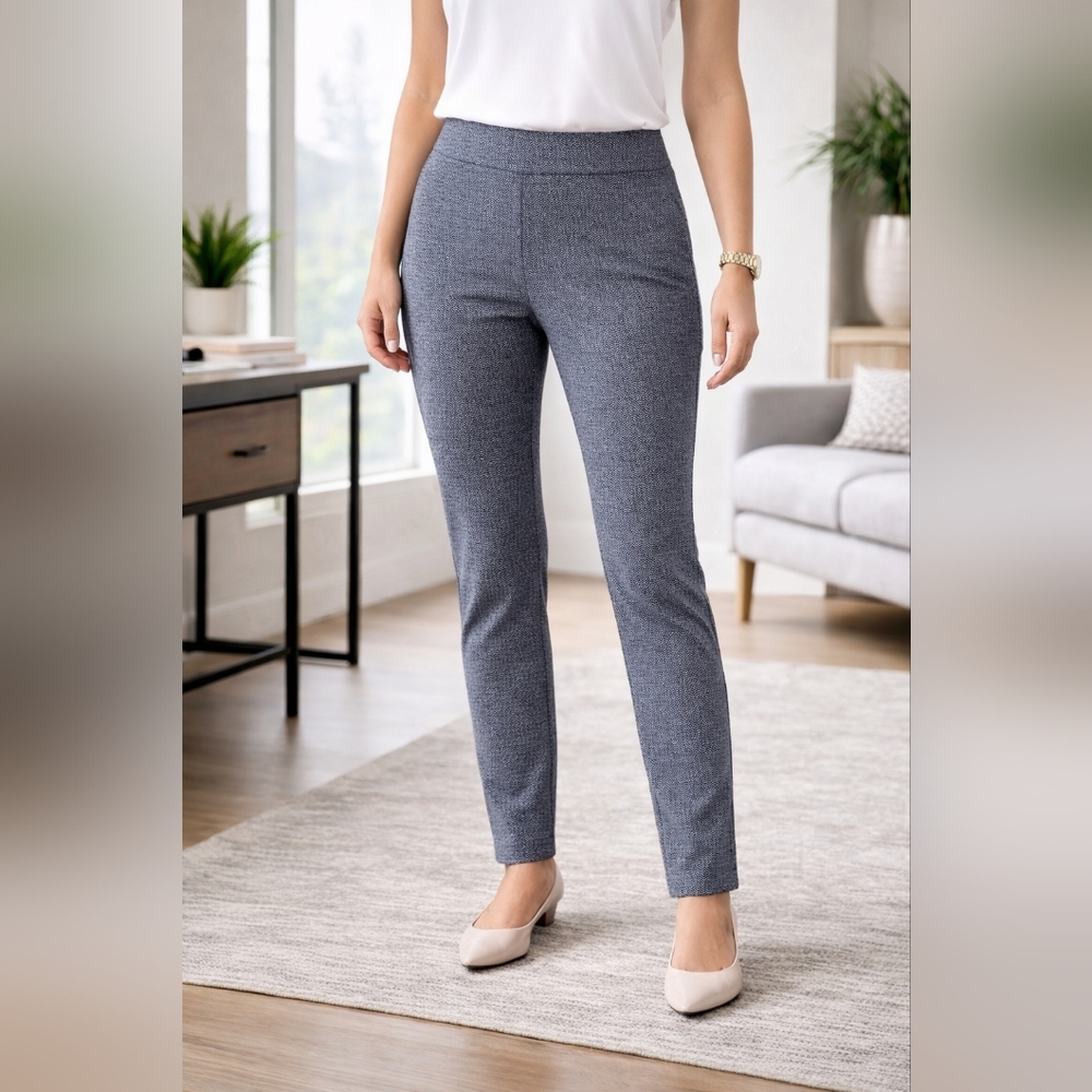 Stylus XL Gray Herringbone Pull-On Ankle Pants Stretch Career Slim #2119